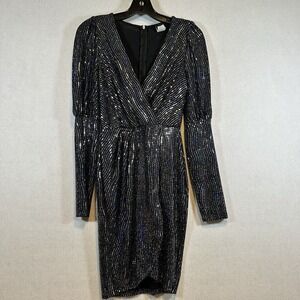 Womens Black Shiny Silver Sequin Short Party Dress Medium